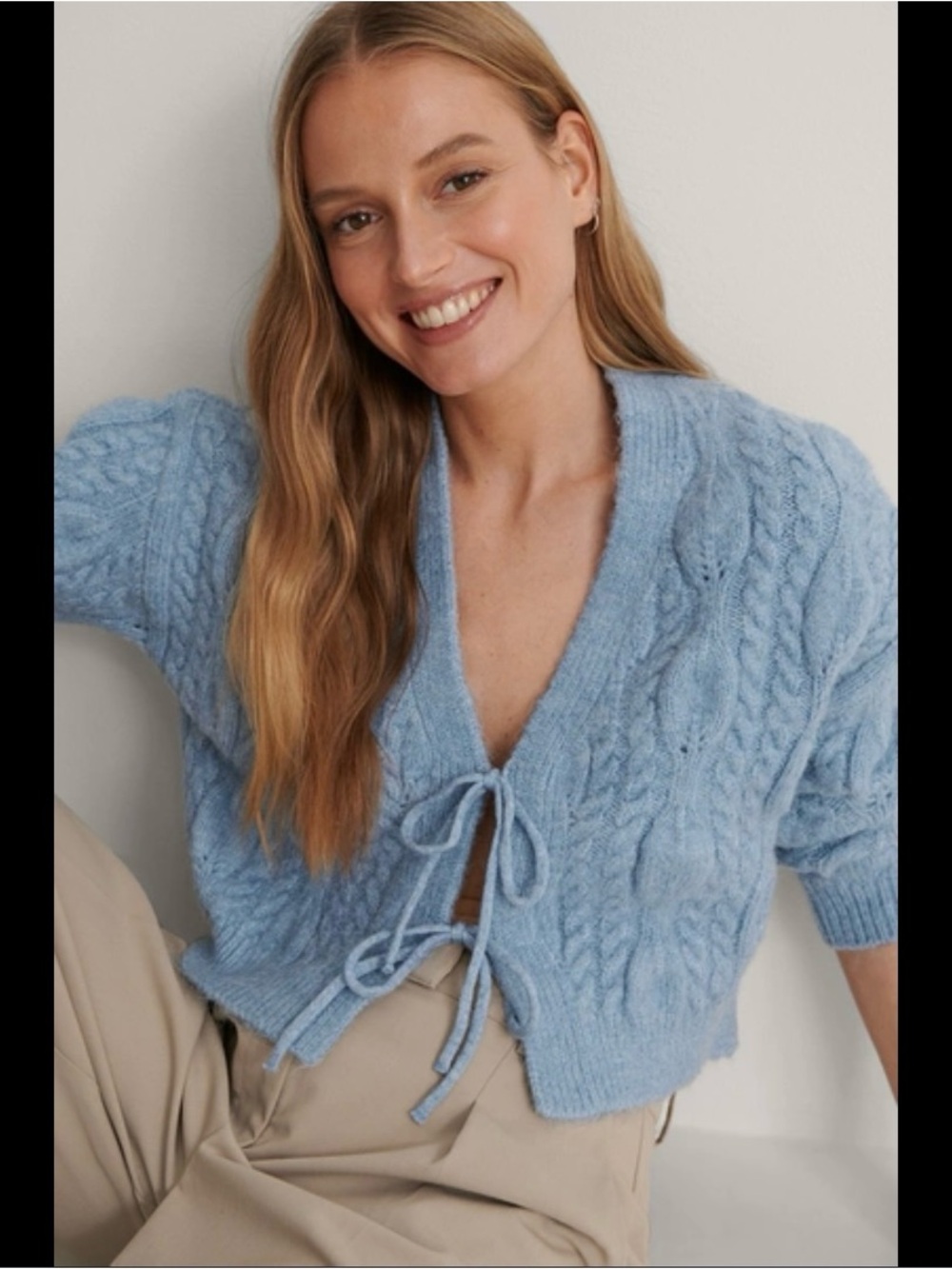 Mango Light Blue Cable-Knit V-Neck Tie-Front Sweater